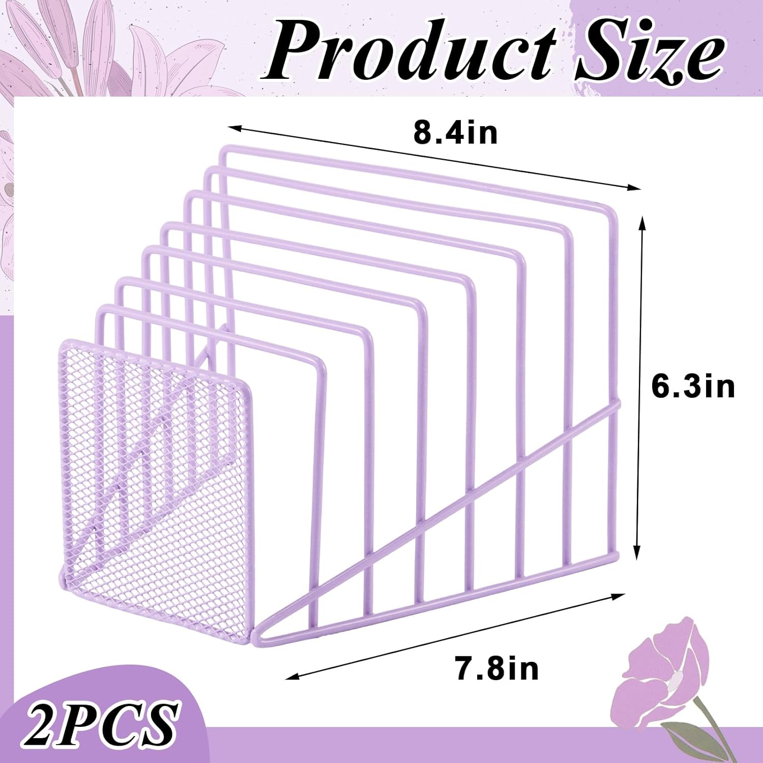 2 Pcs 7 Section Wire File Organizer for Desk, Metal Mesh Incline File Holder, Letter & Magazine Folder Rack, Desktop Paper Sorter for Home Office School (Purple)