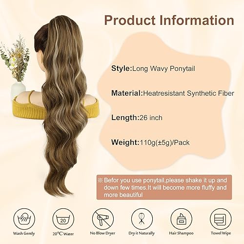Miniatura 5 de Vigorous Extensión de cola de caballo de 26 pulgadas, lino dorado mezclado con reflejos blancos, extensión de cola de caballo larga ondulada con
