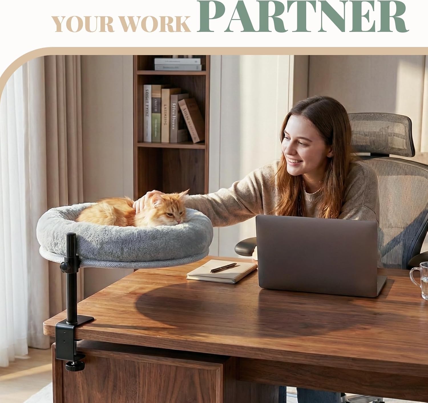 Cat Desk Bed with Clamp – Adjustable Height & 360° Rotation Desk Cat Hammock Perch, Space-Saving Cat Bed with Removable Washable Cushion for Home Office & Remote Work Cat Owners on Small Apartments