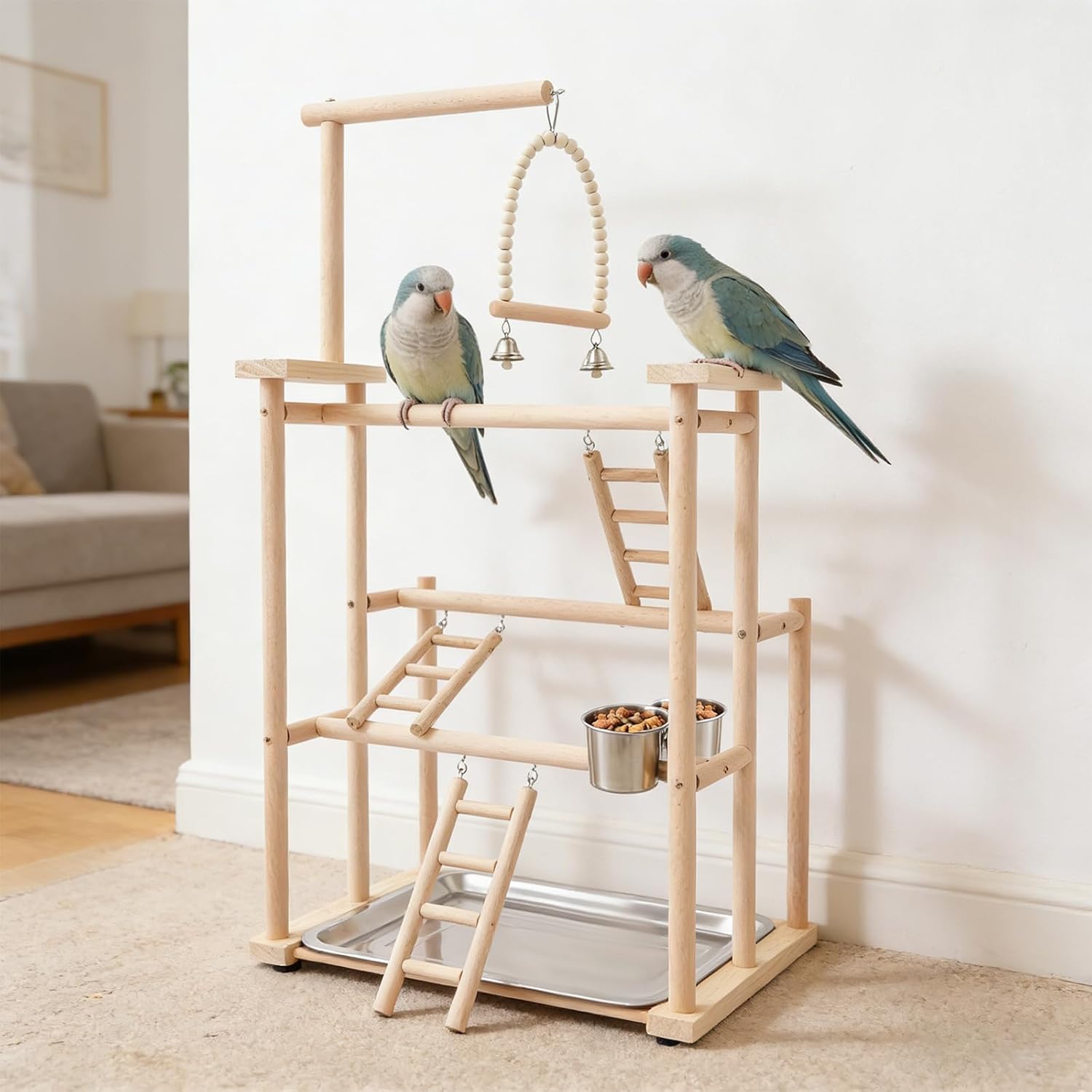 31" Parrot Stand, Bird Playstand with Feeding Cups, Stainless Steel Tray, Wood Bird Perch Gym with Wooden Perches, Swing & Ladder for Parrots, Parakeets, Cockatiels, Small Birds