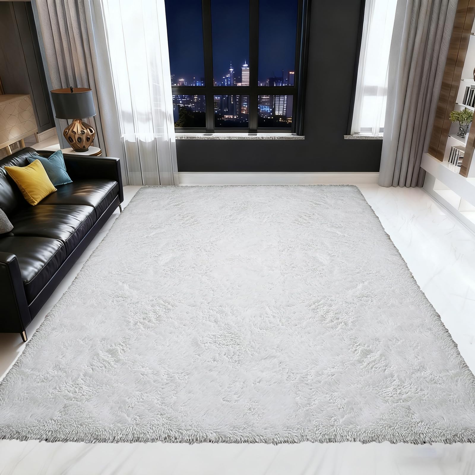Tapis poil long lavable blanc 65x180 cm pour salon moderne et chambre avec envers antidérapant