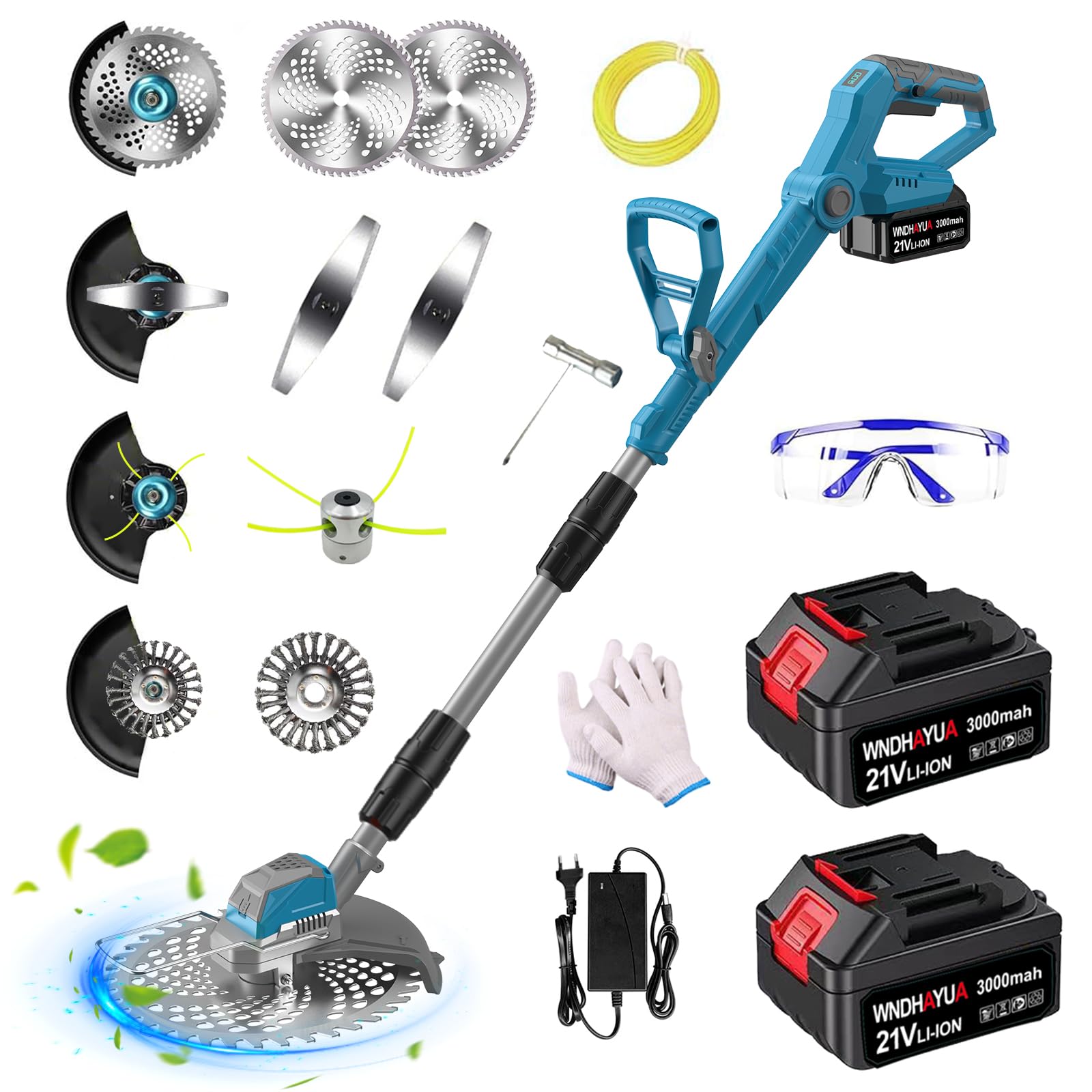 Rasentrimmer mit Akku 2x3.0Ah Batterie und Unkrautbürste,4-in-1 Freischneider & Motorsense Akku mit 4 Klingentypen,Rasenkantenschneider Batteriebetrieben für Garden Trimmen (Blau)