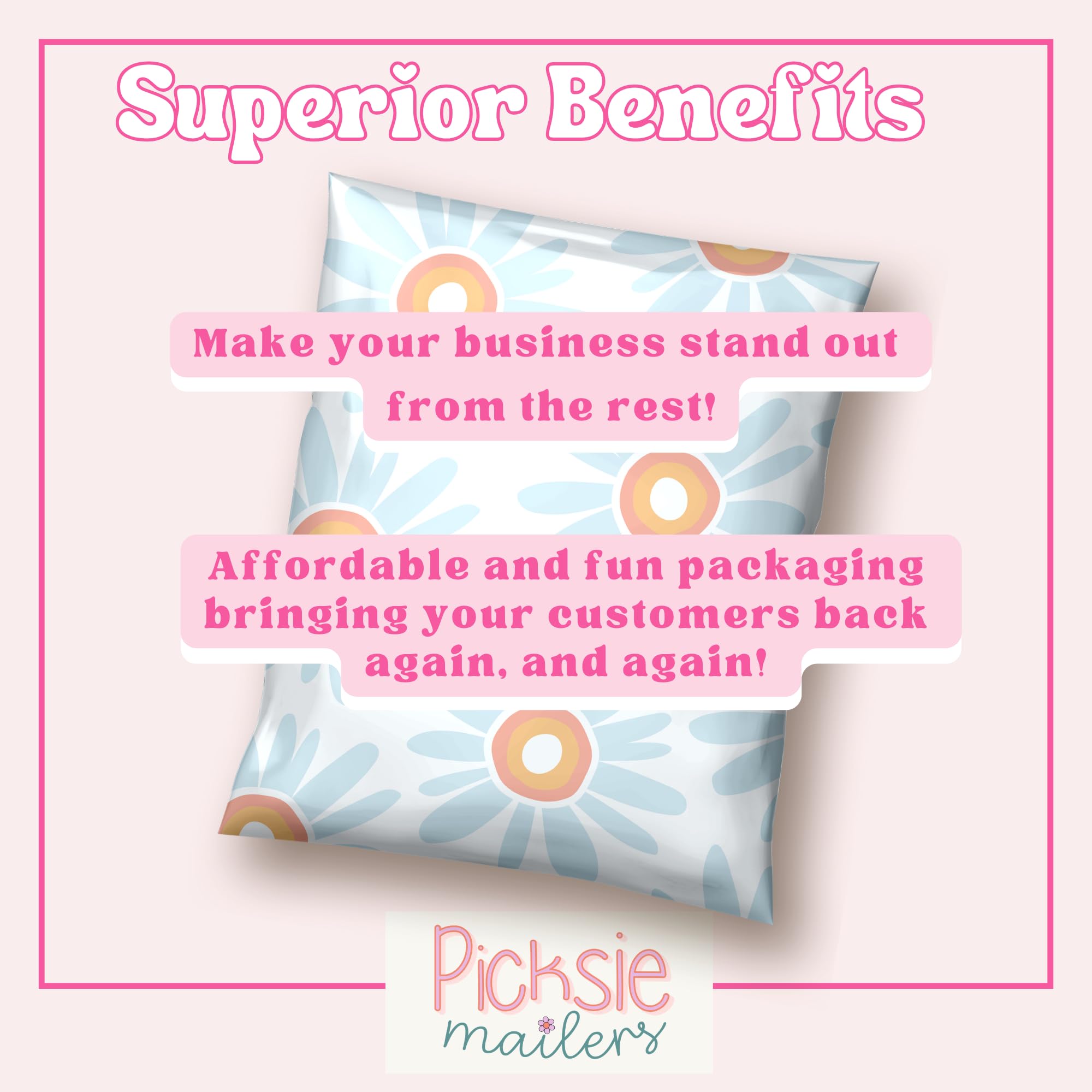 Picksie Mailers Polymailers - Bolsas de polietileno bohemias de 10 x 13 pulgadas, suministros de envío para pequeñas empresas, 100 sobres de plástico de diseño para correo, diseño de margaritas