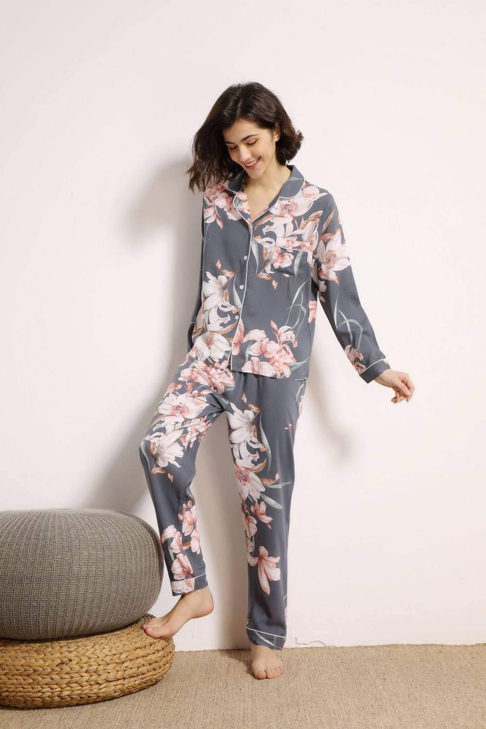 Conjunto De Pijamas De Mujer,Suave & Acogedor Pijama De Algodón Viscosa Elegante Estampado De Flores Fino Manga Larga Con Botones Conjuntos De Pijamas Ropa De Dormir De Verano Ropa De Dormir Ropa De