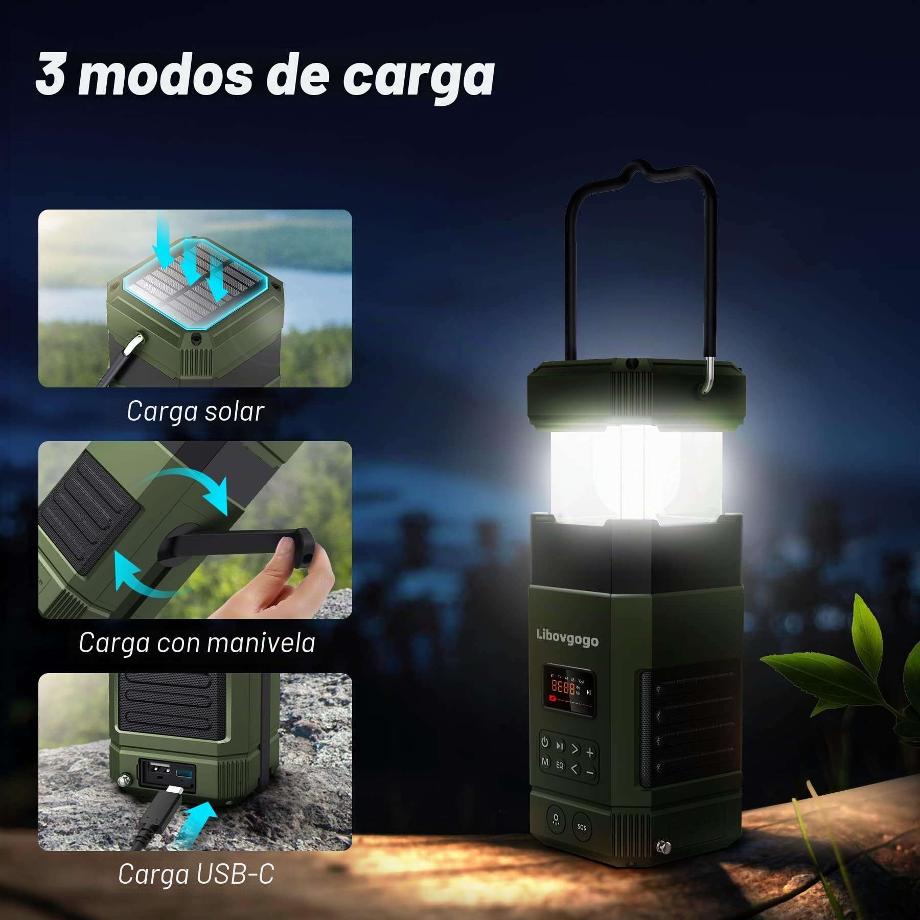 libovgogo Radio de emergencia con manivela, lámpara de camping Radio AM FM, péndulo LED, linterna con pilas, lámpara de camping, linterna solar al aire libre con altavoz bluetooth