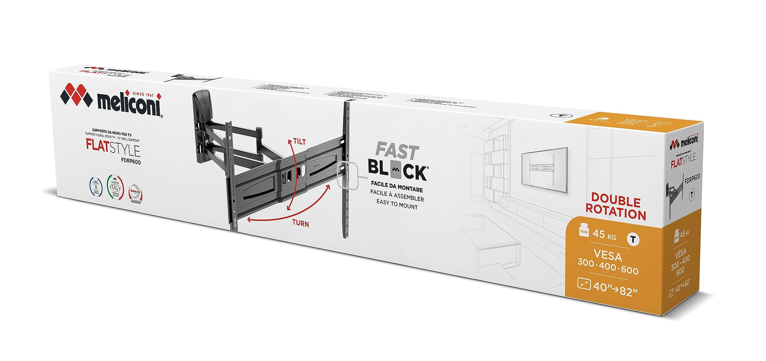 Meliconi FLATSTYLE FDRP600, Supporto TV Parete a Doppio Braccio e Doppia Inclinazione, Staffa per TV a Schermo Piatto da 40" a 82", Attacco VESA 300-400-600x400, Portata 45 Kg, Nero | Doppia Inclinazione, Staffa TV 40" a 82", Attacco VESA 300-400-600x400,