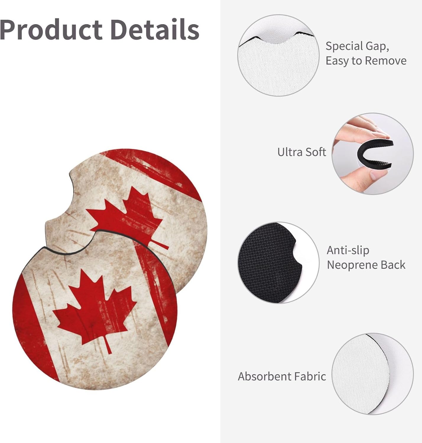 2 Pack Car Cup Coaster Retro Canada Flag Automotive Cup Holders Coasters Non-Slip Neoprene Auto Cup Pads Universal Car Interior Accessories for Women Men Cup Mat image 4