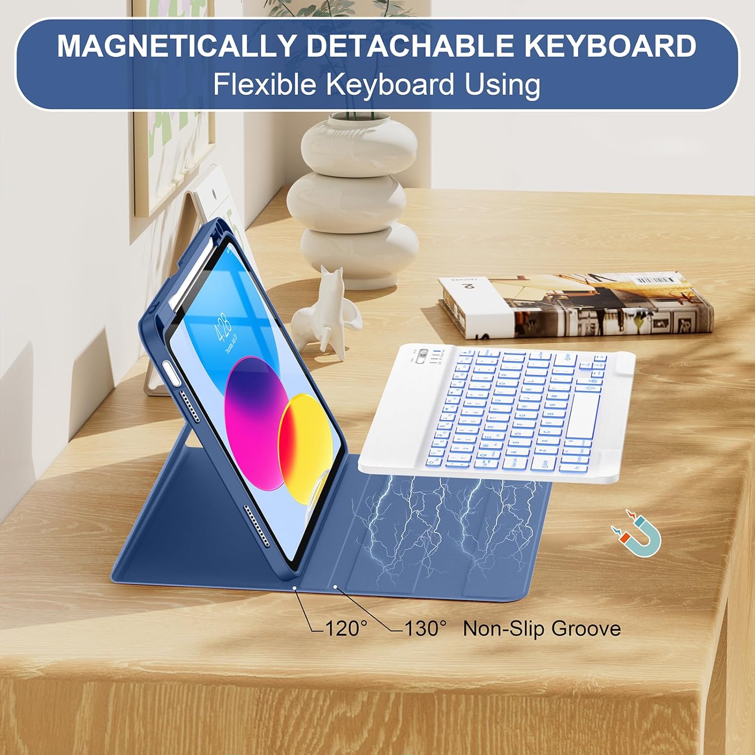 Soke Keyboard Case for iPad 11th(A16 2025)/10th Generation(2022),7 Color Backlight Wireless Detachable Keyboard Cover,Soft TPU Folio Stand with Pencil Holder for iPad 11/10.9 inch, Navy - Image 6