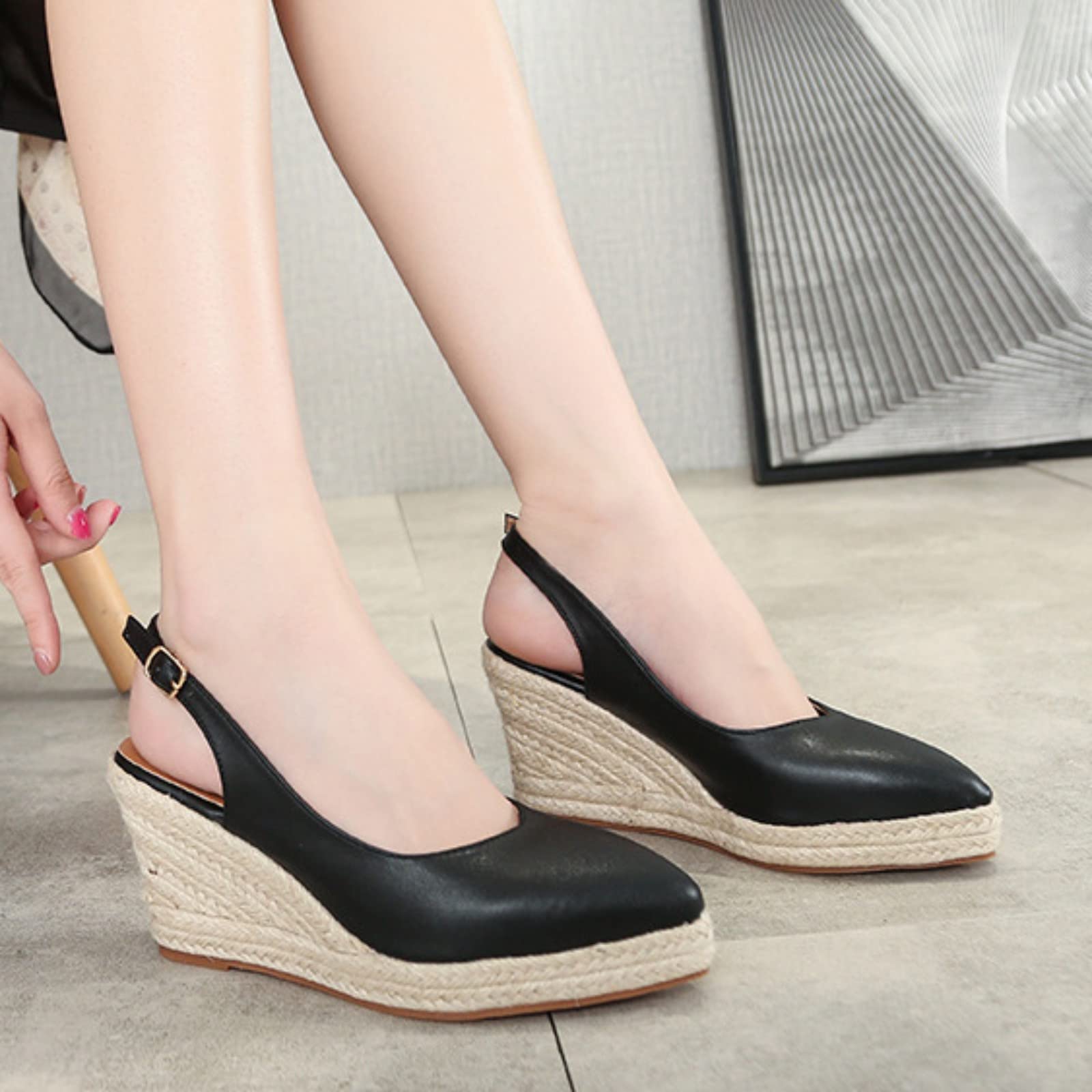 Genérico Sandalias de Cuña Mujer Pies Anchos Zapato Verano Sandalias Medio Empacadas Cuña Alpargatas de Verano Tacón Tejido Paja Pescador Mujer Caminar Doradas