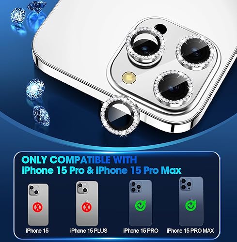 Miniatura 2 de Xfilm Protector de lente de cámara para iPhone 15 ProiPhone 15 Pro Max, anillo de diamante de metal individual con dureza 9H, protector a prueba de