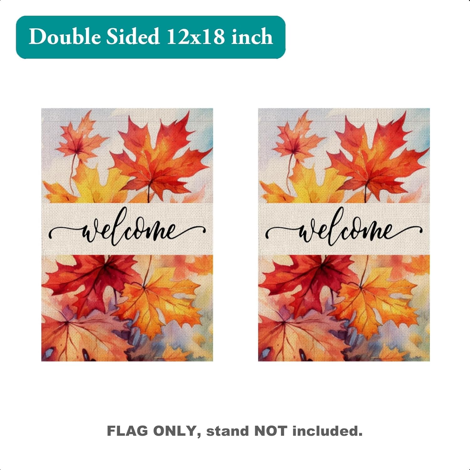 PARTY BUZZ Maple Leaves Welcome Fall Garden Flag Small 12x18 Double Sided Autumn Thanksgiving Seasonal Holiday Burlap Yard Flag Outside Outdoor