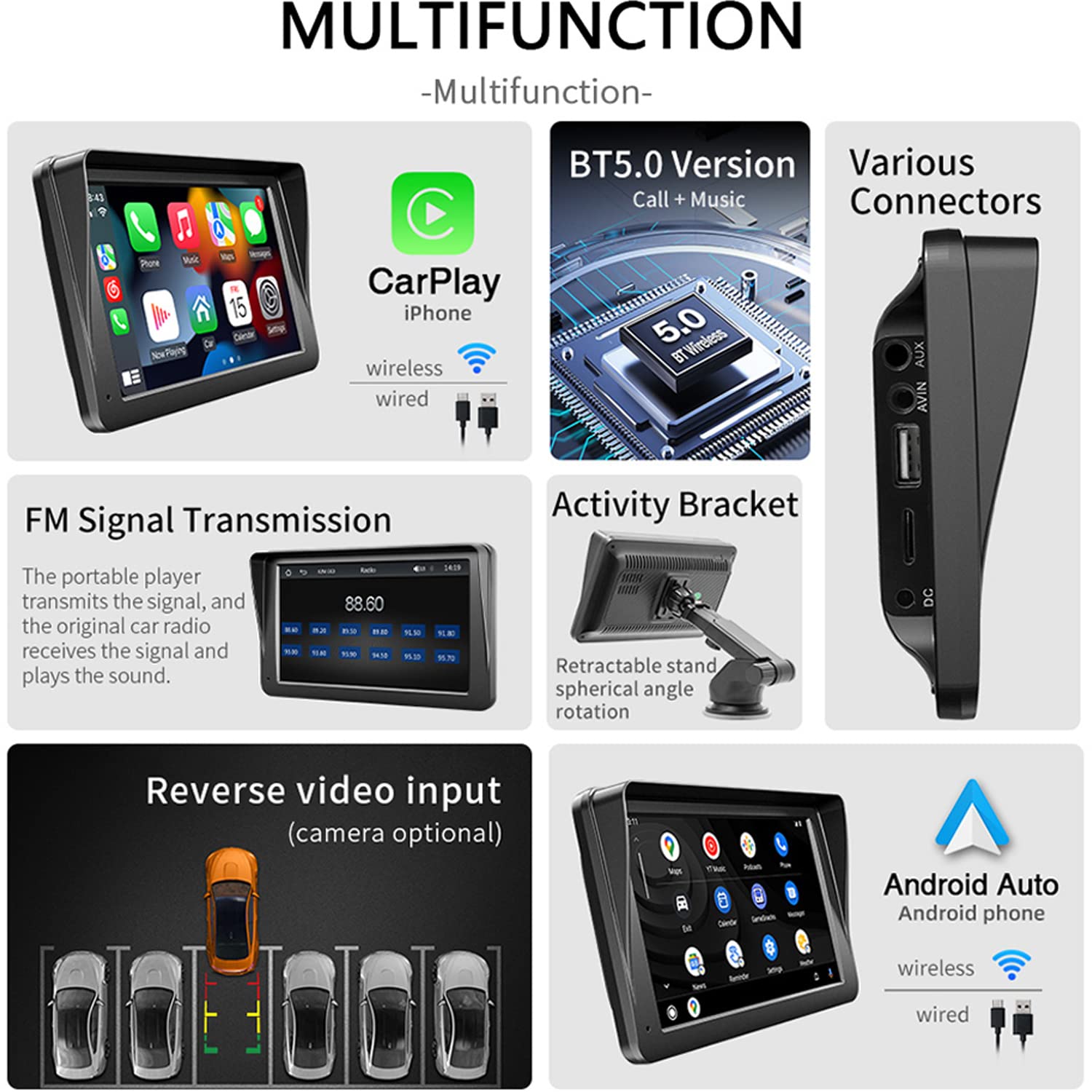 Compatible for wireless Apple Carplay Android Auto 7 pollici autoradio portatile HD TouchScreen Monitor autoradio con Bluetooth Mirrorlink Trasmettitore FM Porta AUX/USB/TF Card