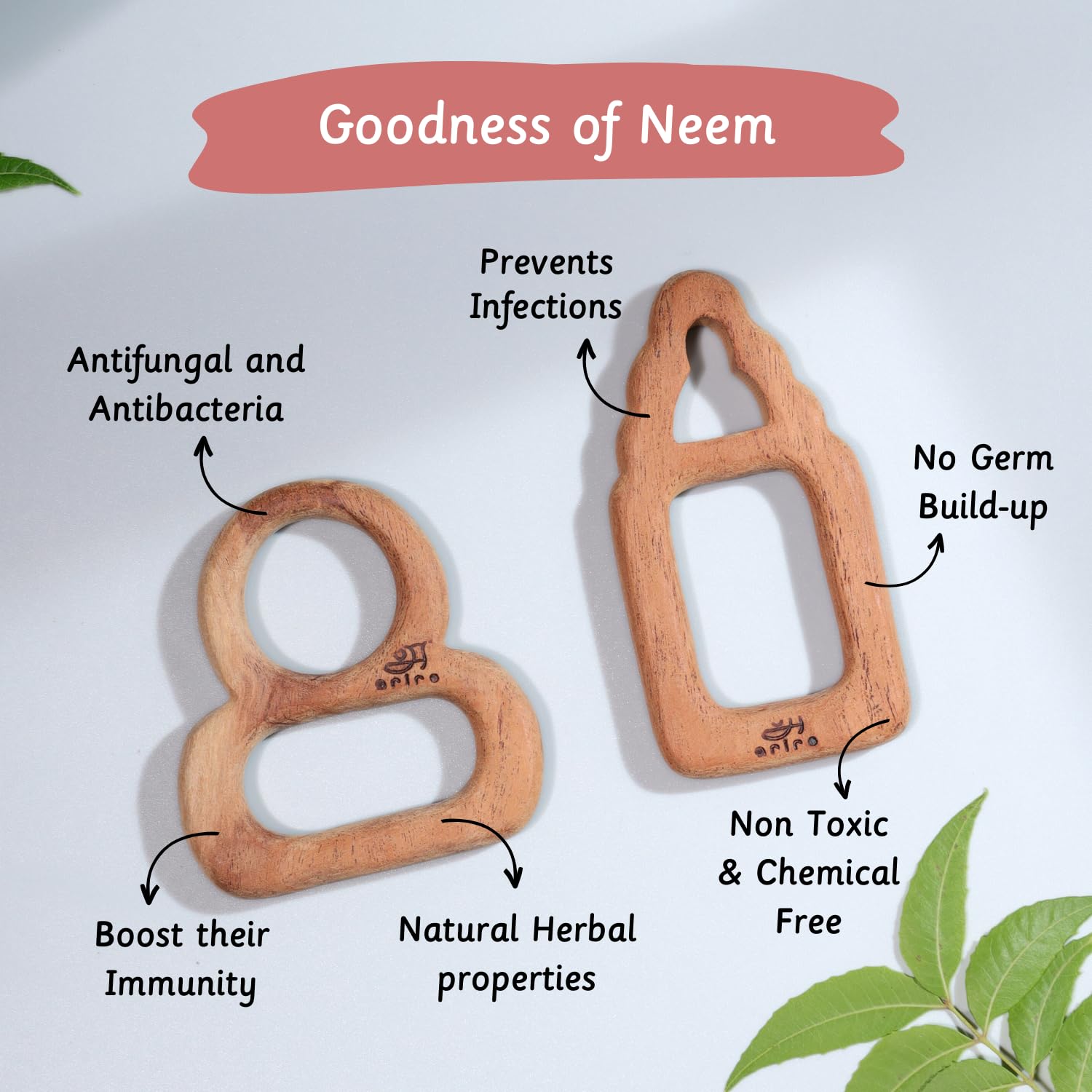 Ariro Wooden Teethers Shaped As Pacifier And Milk Bottle For Baby Boy & Girl|Hand Crafted With Organic Neem Wood That Helps Boost Immunity & Aids In Digestion|Easy To Grasp & Chew,Infant - Image 3 thumbnail