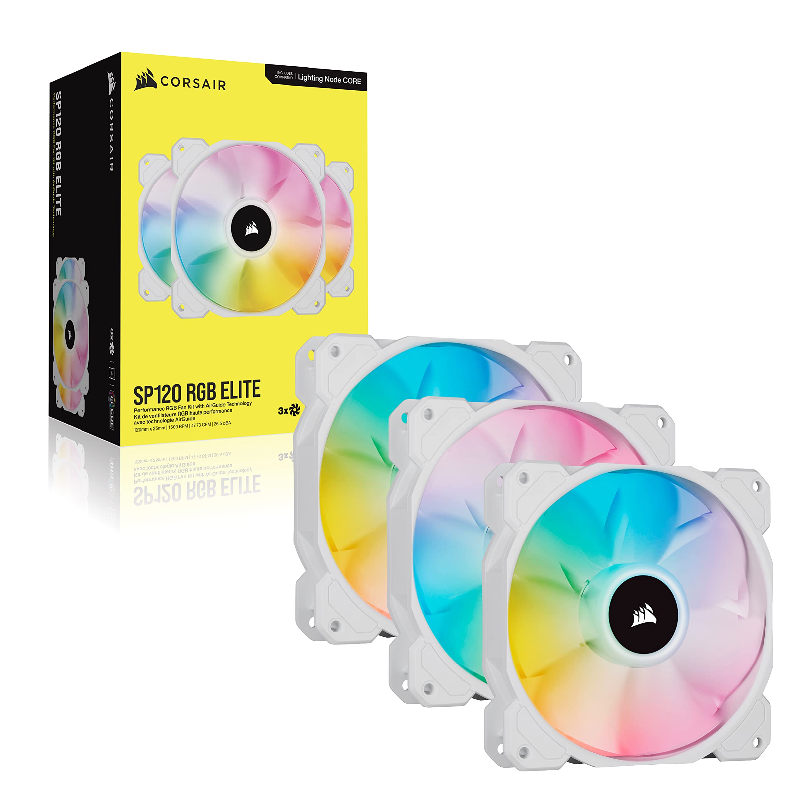 Corsair iCUE SP120 RGB ELITE Performance 120mm-PWM-Lüfter 3er-Pack mit iCUE Lighting Node CORE (CORSAIR AirGuide-Technologie, acht ansteuerbare RGB-LEDs, leise 18 dBA, bis zu 1.500 U/min) Weiß, 120 mm