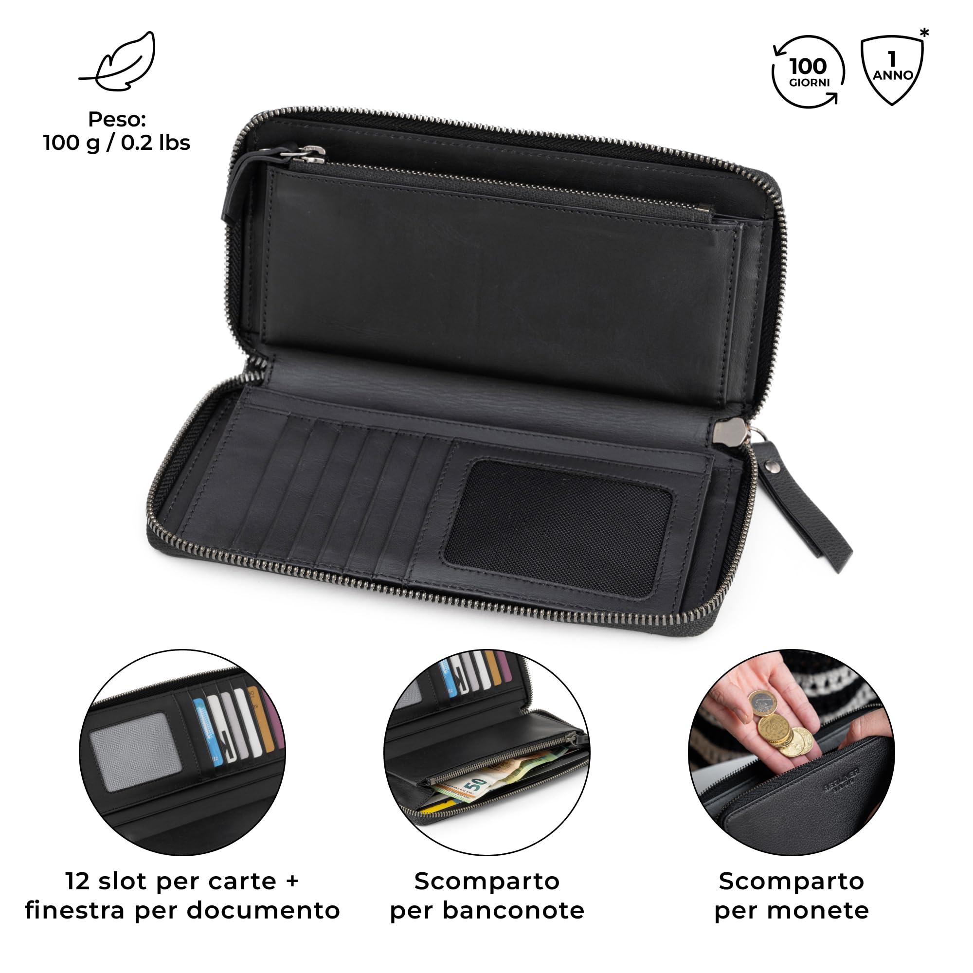 Berliner Bags Portafoglio Donna Margo in Vera Pelle, Grande con Zip e Portamonete, Protezione RFID, 12 Carte – Nero