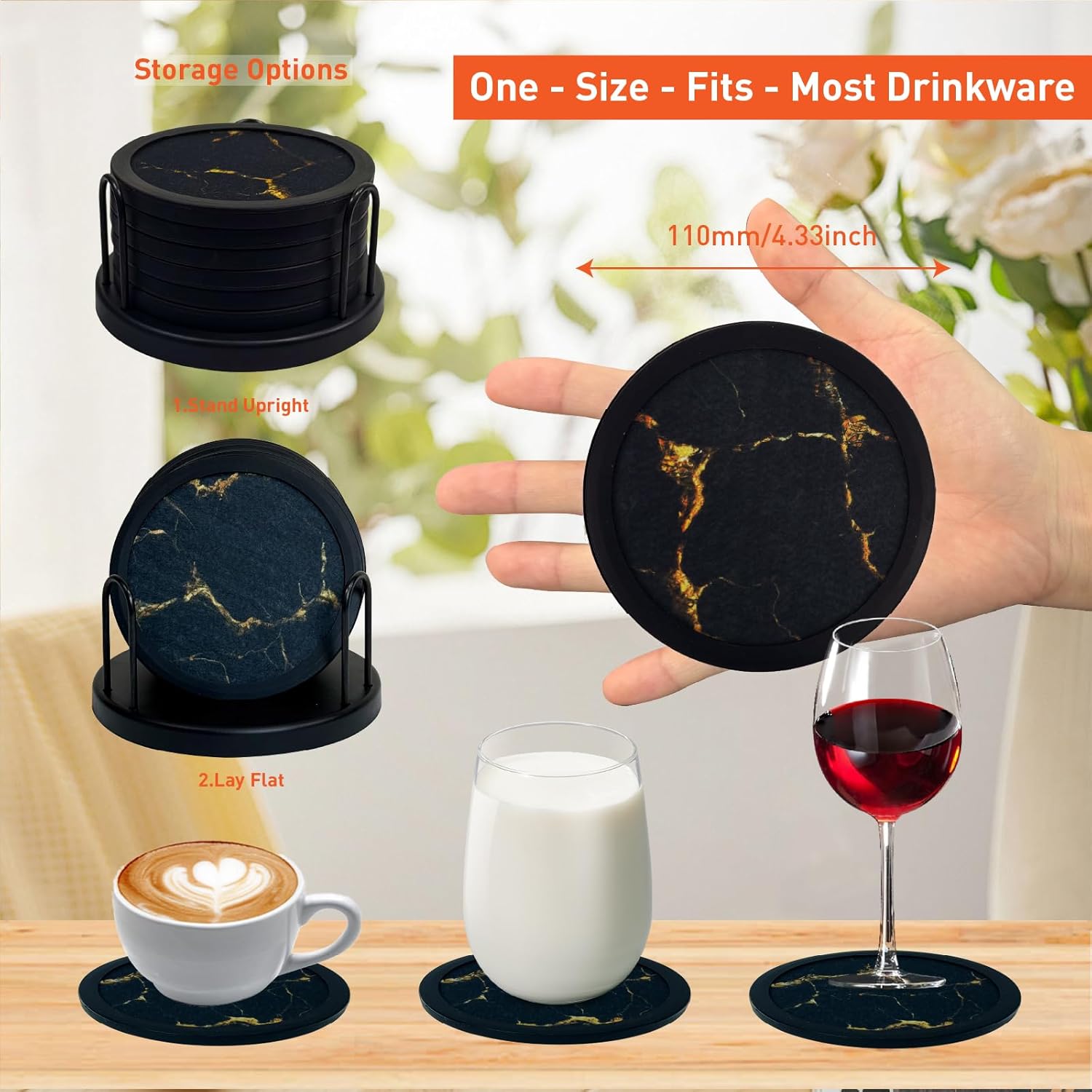 Set of 6 Non-Slip Silicone Coasters with Holder, Double-Sided Absorbent for Hot/Cold Drinks, Scratch & Water Ring Protection for Wood Tables, Home Office Bar, Black Gold Marble (Black Gold Pattern) - Image 3