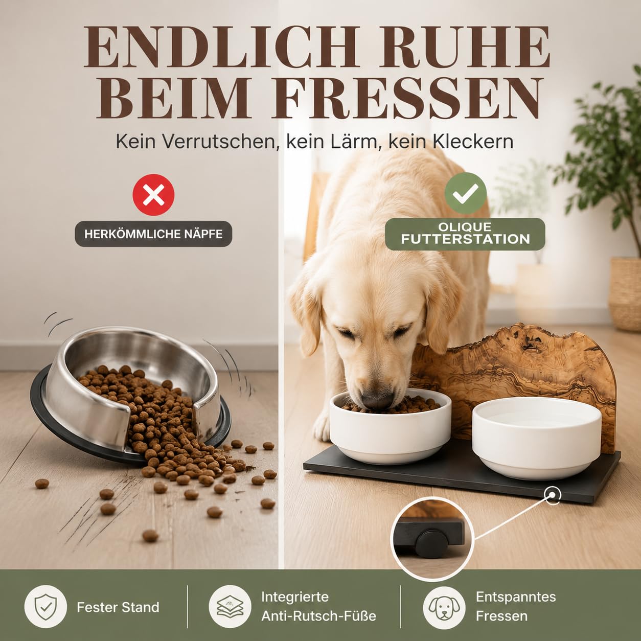 Futterstation personalisiert, Olivenholz - Futterbar mit Gravur und 2 Fressnäpfen für Katzen und Hunde
