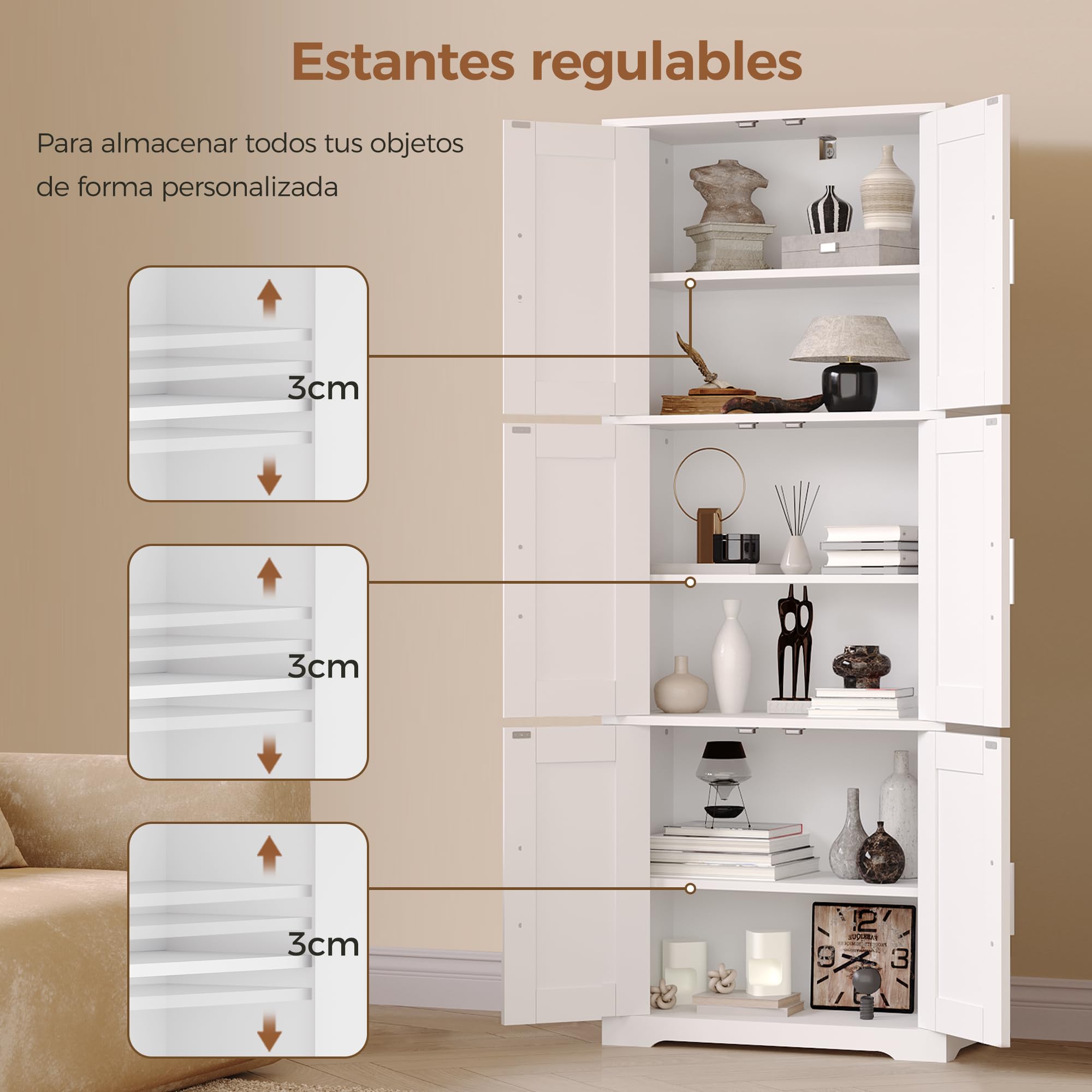 Armario de Baño de 6 Puertas, Armario de Baño de Columna Alta | Mueble de Baño con 3 Estantes Ajustables, Apto para el Baño, el Salón y la Cocina, Blanco, 30 × 60 × 170 cm, EXYYG023W