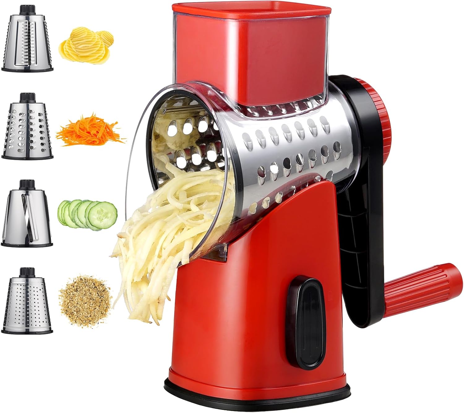Rotary Cheese Graters with 4 Blades, Hand Crank Cheese Grater with Waffle Slicer, Red, Black and White Cheese Shredder with Suction Base, Easier for Shredding & Grating(Blue)
