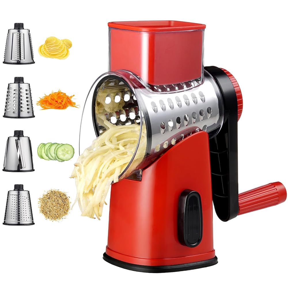 Rotary Hand Crank Cheese Grater,Cheese Shredder Vegetable Slicer(Red).4 Stainless Steel Blades