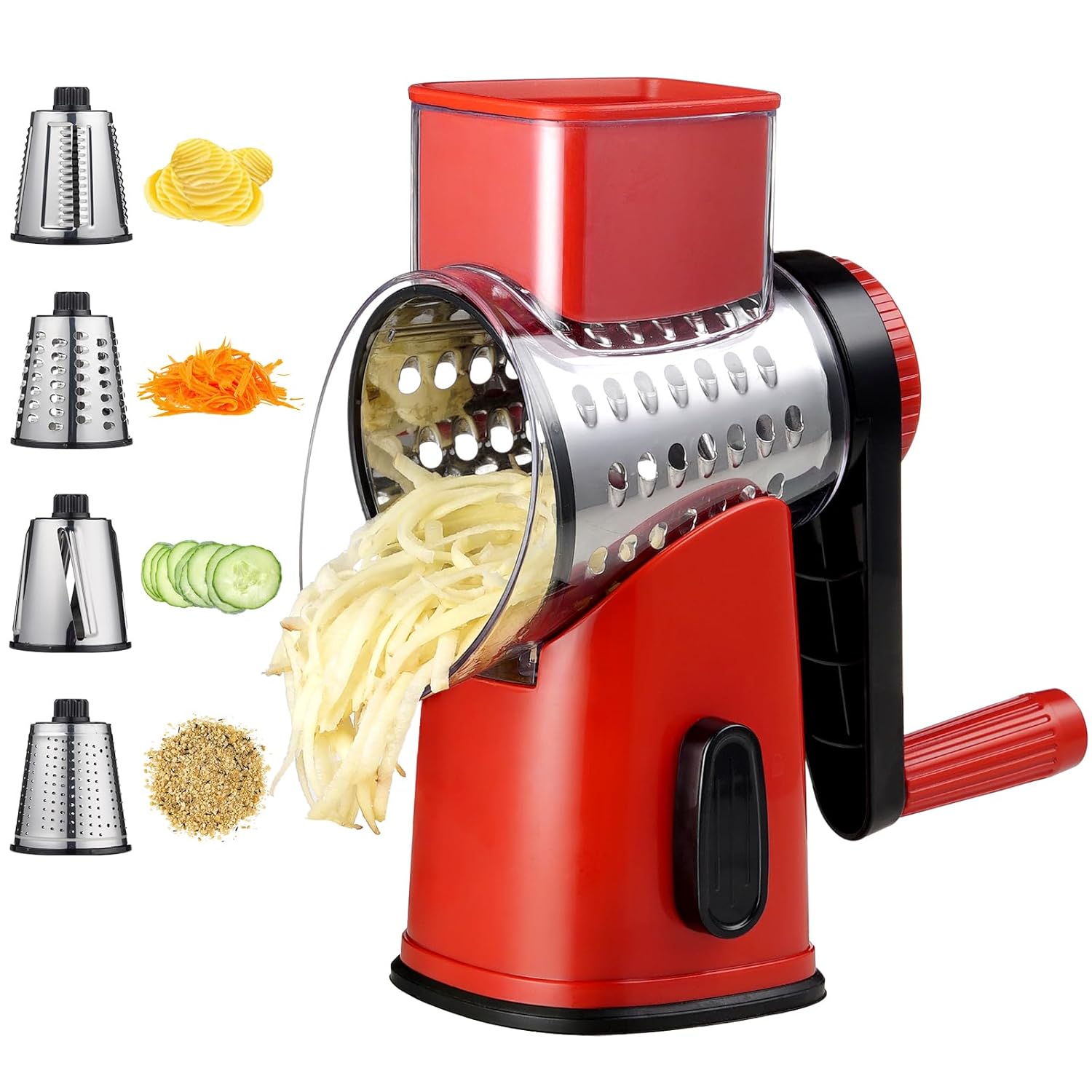 Rotary Cheese Graters with 4 Blades Hand Crank Cheese Grater with Waffle Slicer Red Black and White Cheese