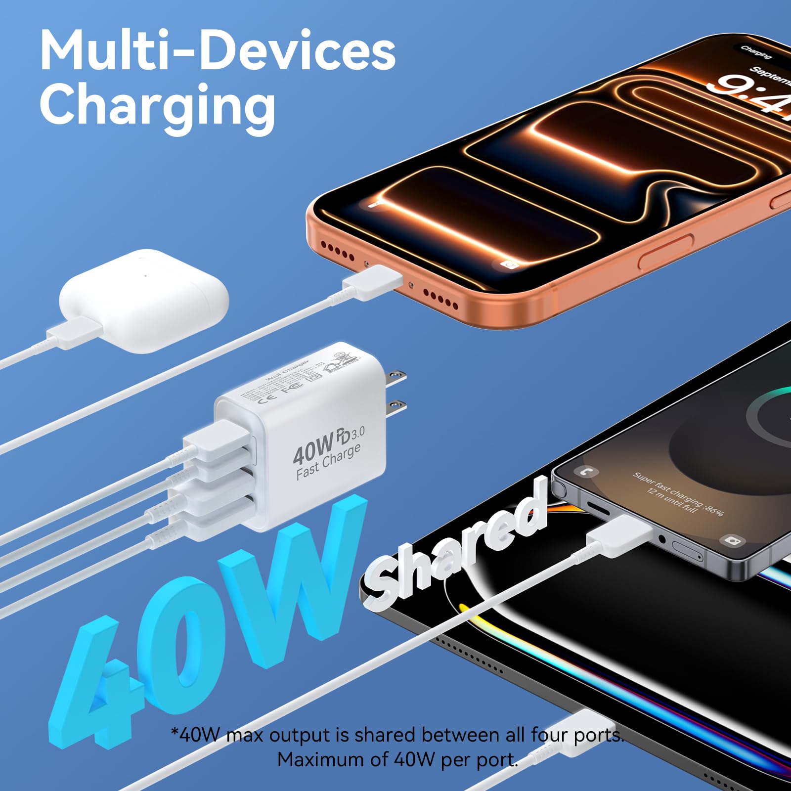 Bloque de carga USB C, múltiples puertos tipo C, bloques de carga rápida para teléfono, cubo de alimentación de 40 W, 4 puertos, enchufe de pared USB A+USBC, caja de ladrillo para iPhone 17/16/15/14