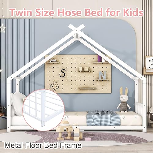 Miniatura 4 de ODUWA Cama de plataforma de metal de tamaño individual con barandilla, marco de cama Montessori de metal con techo, marco de cama de metal para