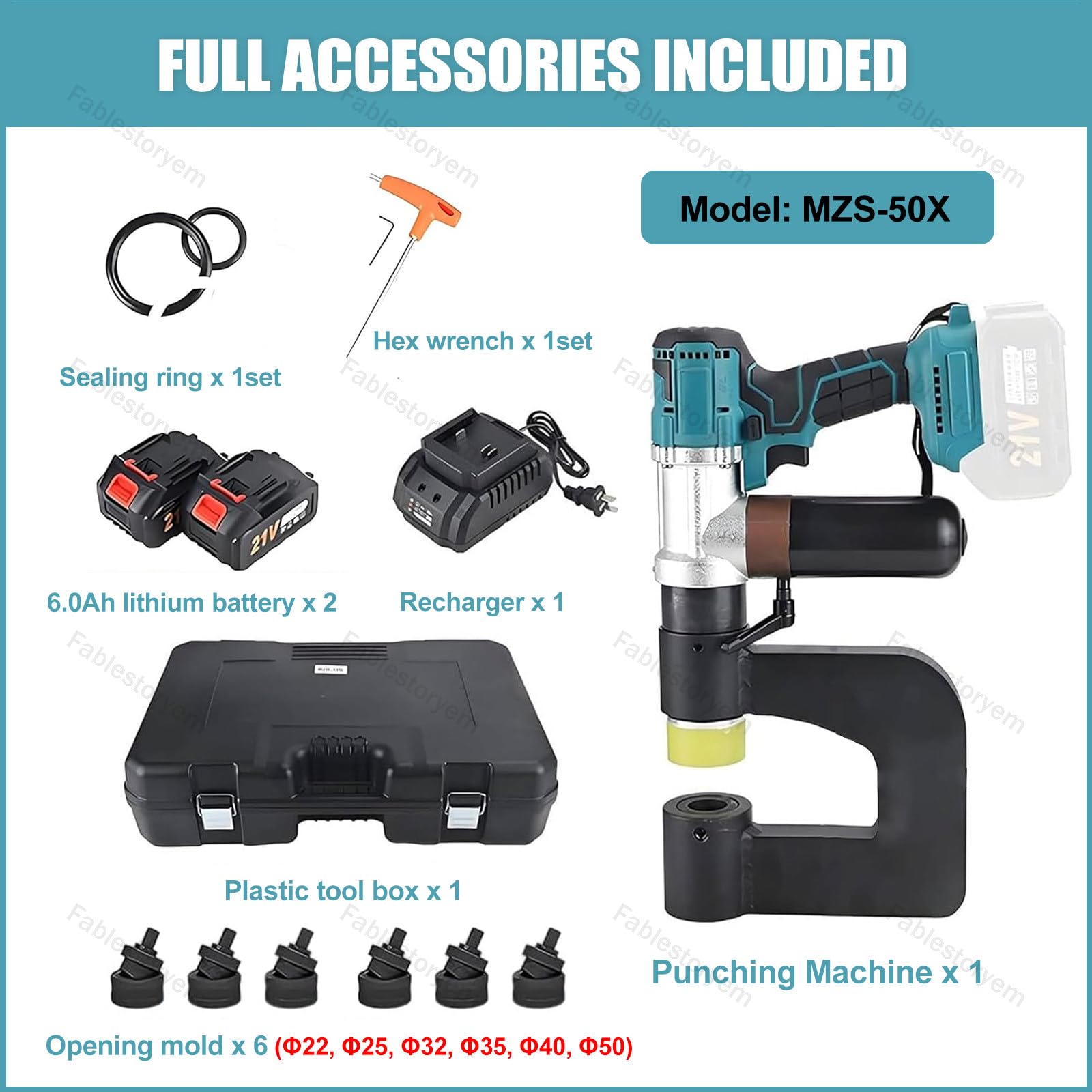 Punzonatrice Idraulica a Batteria 21V con Motore Senza Spazzole, Utensile di Punzonatura ad Alta Coppia - Gamma 16-50mm, 6 Set Punzoni e Matrici - per Lavori Metallici Pesanti MZS 50X