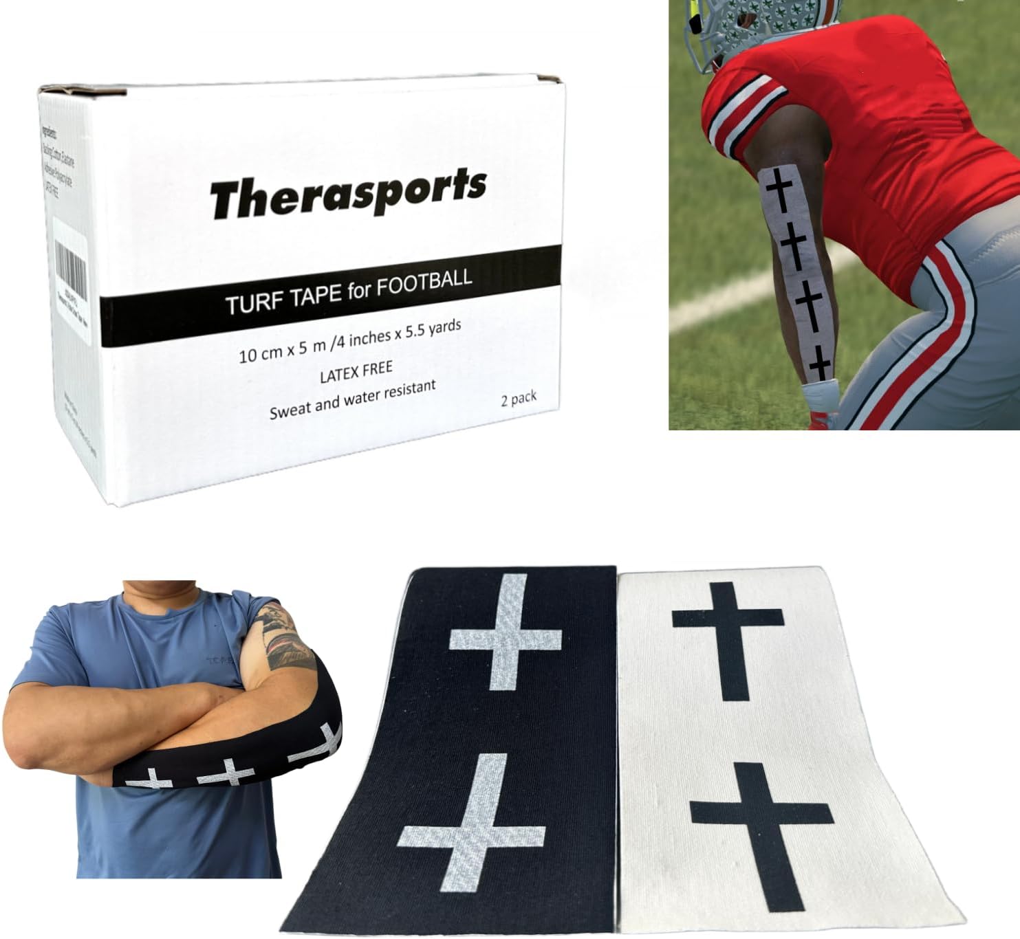 2 Rolls Faith Cross Turf Tape Football - Extra Wide Christian Athletic Turf Tape - Ultra Sticky & Latex Free, Protects from Turf Burn, Waterproof & Flexible (White & Black, 4 inch)