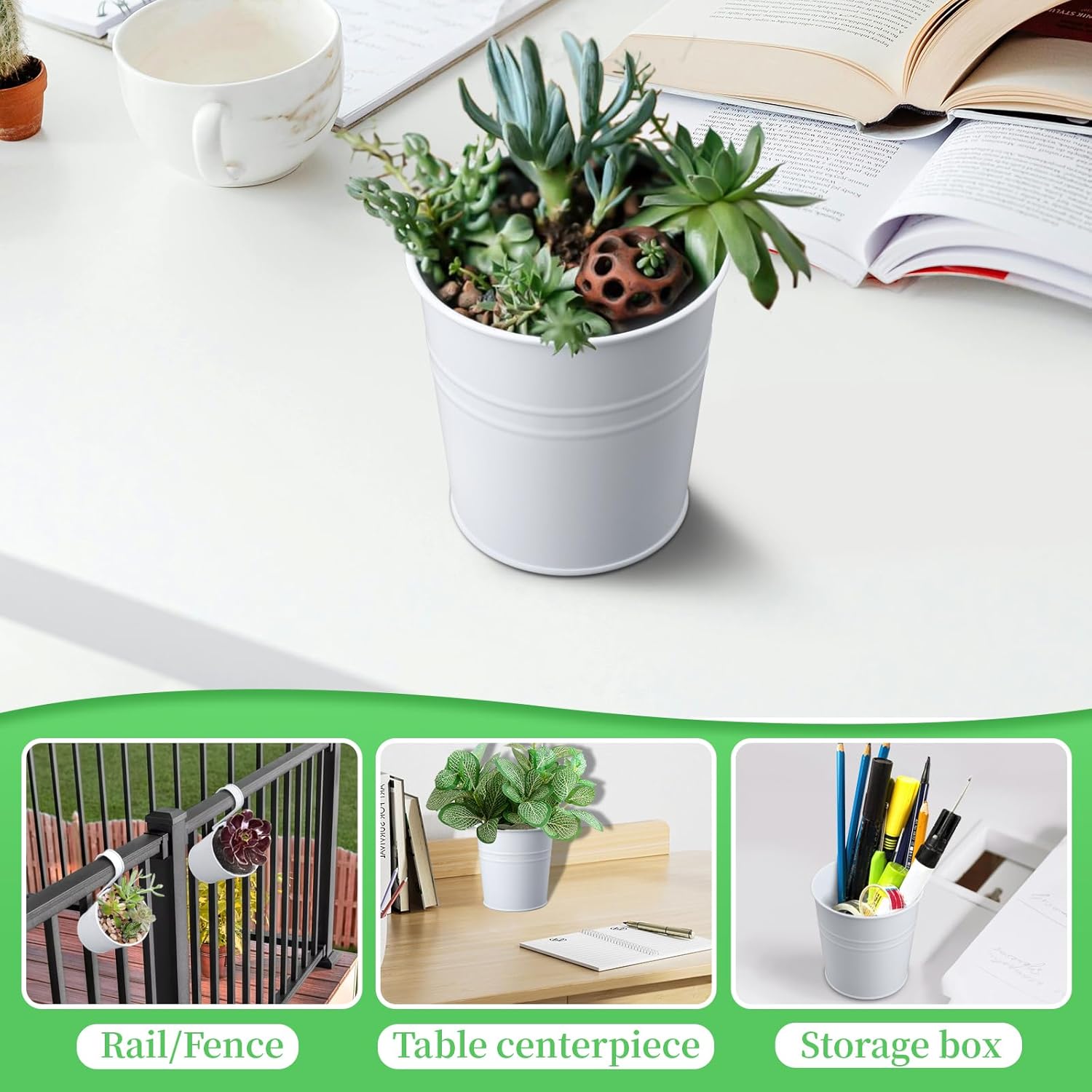 GREANER Flower Boxes for Railings, White Fence Hanging Planters with Detachable Hooks, Metal Iron Bucket Planter for Railing Fence Balcony Garden Home Decor- 10 Packs