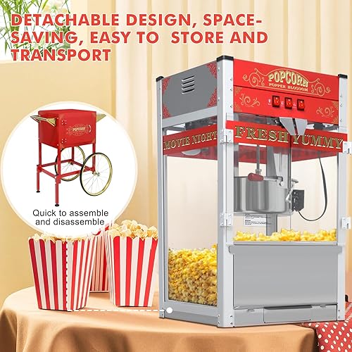 Miniatura 7 de Máquina comercial de palomitas de maíz con carrito, ruedas y hervidor de 20 onzas, máquina para hacer palomitas de maíz estilo vintage, máquina de
