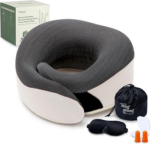 Almohada de cuello de viaje de espuma viscoelástica de carbón de bambú transpirable para dormir en avión con soporte de barbilla de 360, diseño sin