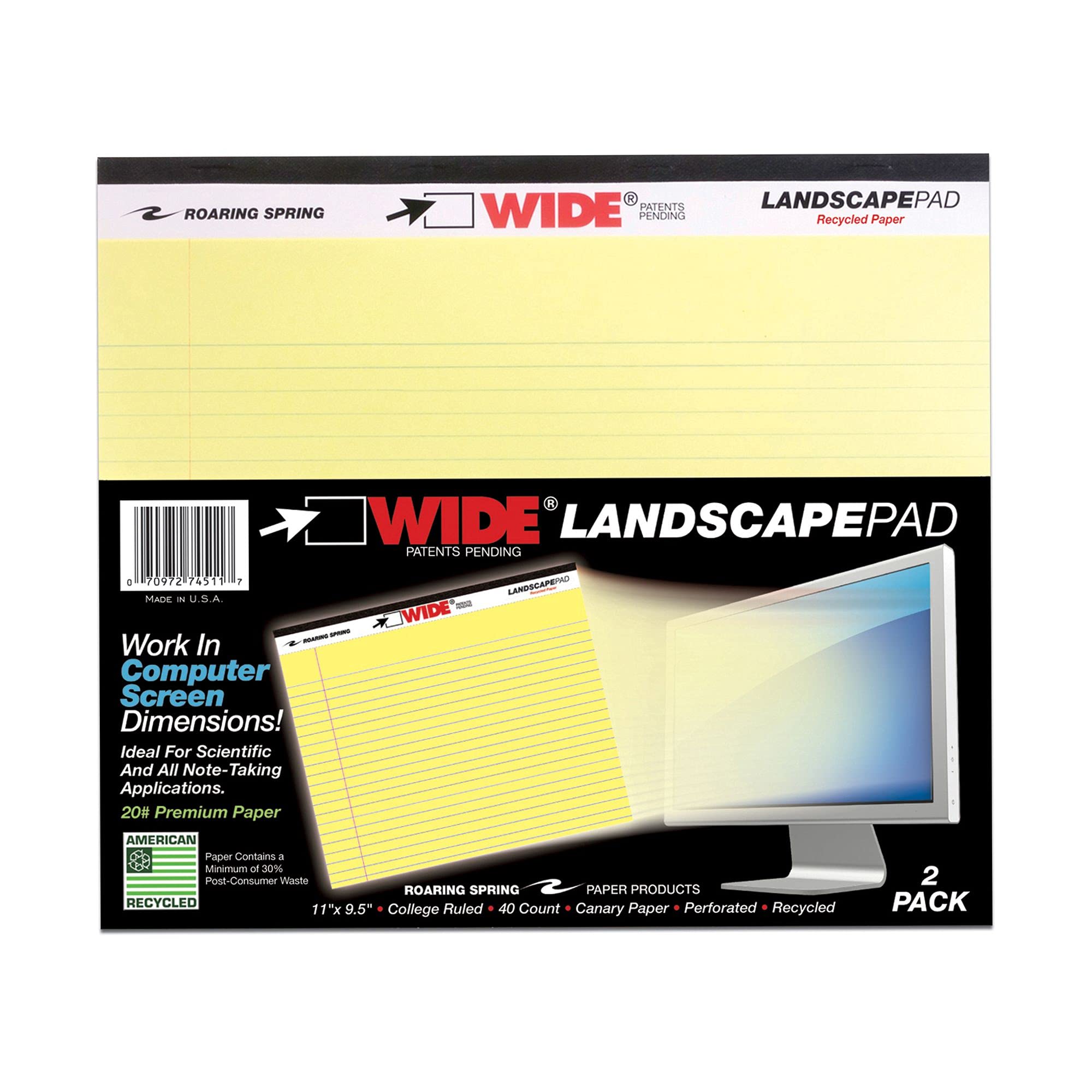 ROARING SPRING Wide Landscape Legal Pad, Canary Yellow, 2 Pads, 11" x 9.5", College-Ruled with Margin, 20 lb Recycled Paper, 40 Perforated Sheets, Made in USA