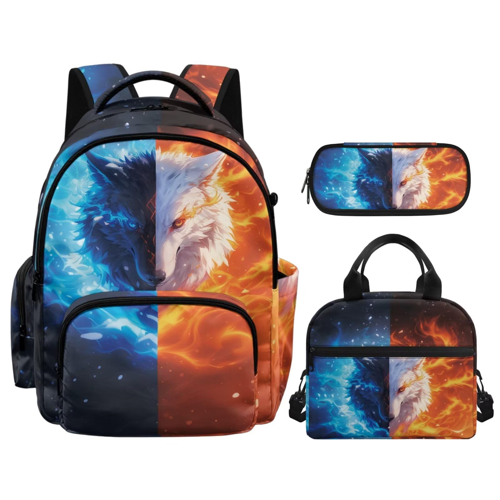 Teenager Jungen Schulrucksack mit Lunchbox Federmäppchen für Grundschule Grundschule, Flame Wolf, L, Casual