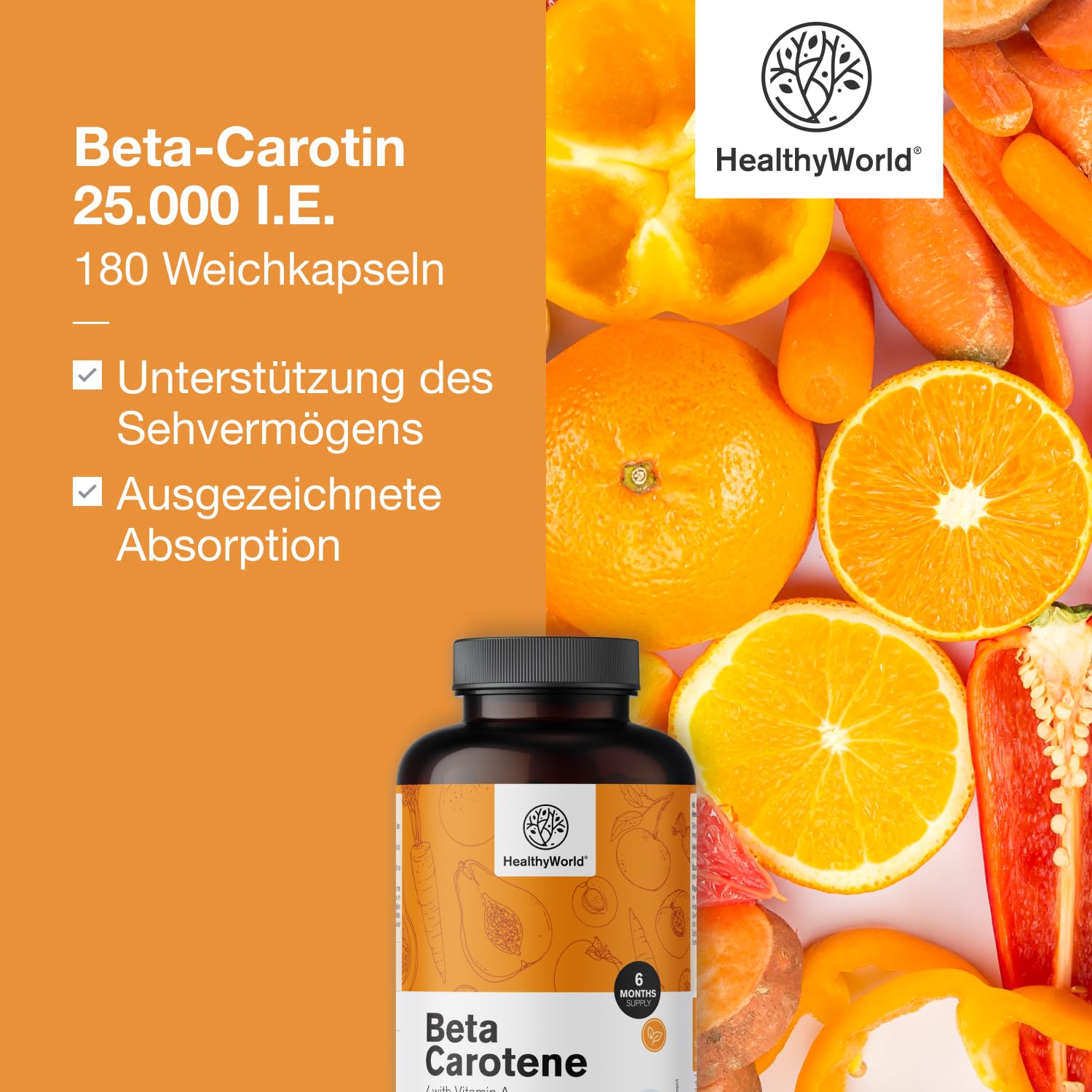 HealthyWorld Beta-Carotin 25.000 i.e. – 25.000 μg Vitamin A pro Dosis – 180 Weichkapseln – 6 Monate Vorrat – Glutenfrei und Laktosefrei – Unterstützung für das Sehvermögen und das Immunsystem