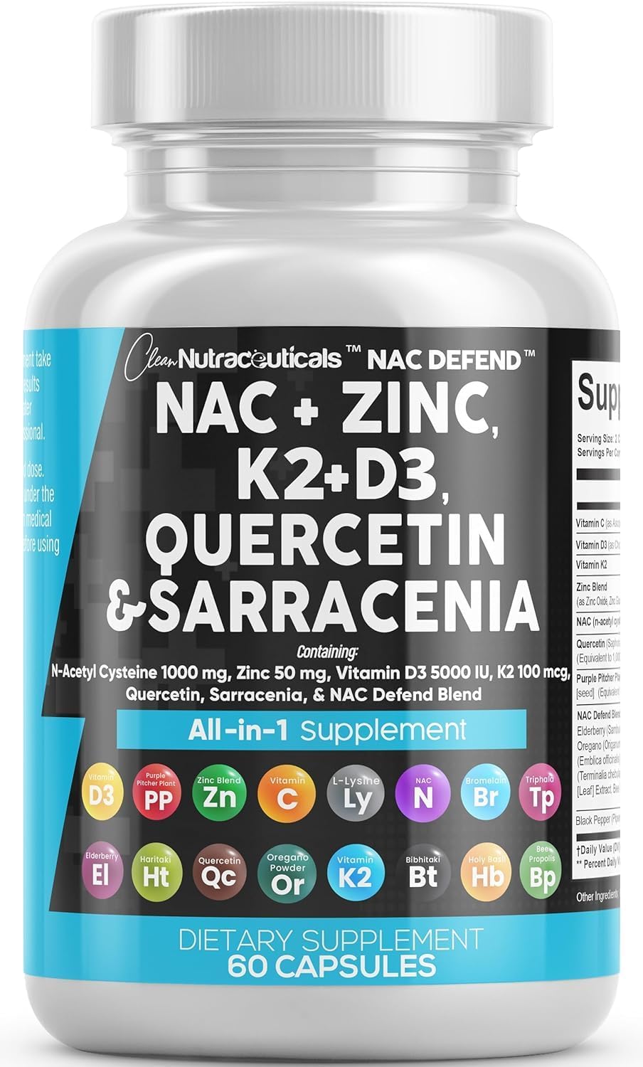 NAC Supplement N-Acetyl Cysteine 1000mg Vitamin D3 K2 Zinc Quercetin 1000mg Sarracenia Purpurea 1000mg with Elderberry Holy Basil Bee Propolis Bromelain L-Lysine - 60 Count-image-30