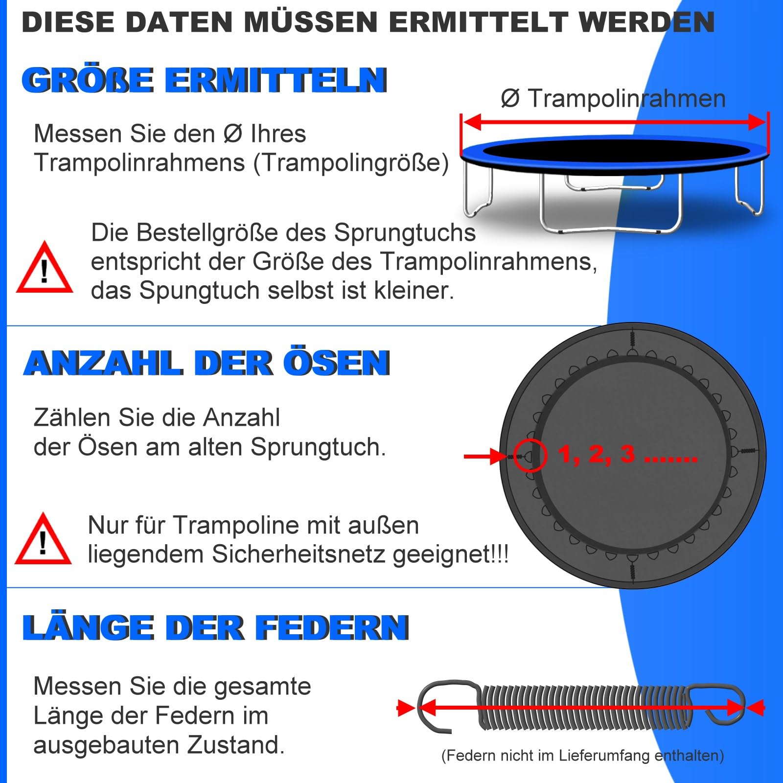 Trampolin Sprungtuch Ø 183 185 198 200 213 215 244 250 251 275 277 300 305 335 337 366 370 380 384 396 400 427 430 457 460 487 490 viele Größen Sprungmatte Ersatzsprungtuch Outdoor