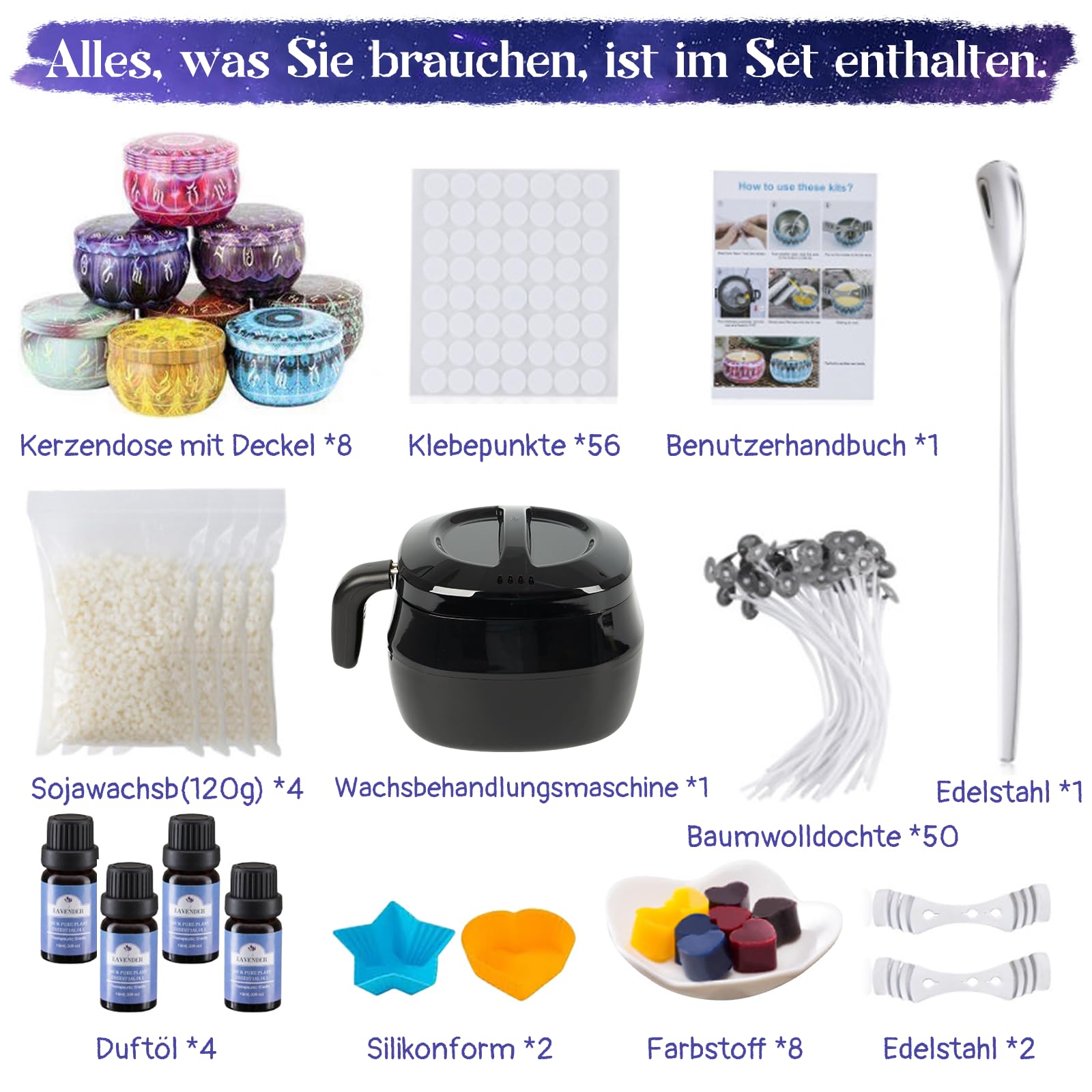 Set per candele fai da te, con 1 l, accessori per la produzione di candele – 480 g di cera di soia, 8 barattoli per candele, stoppini per candele, porta stoppini, adesivi per stoppini, set di candele