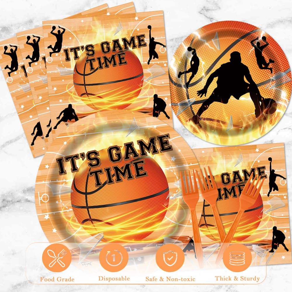 Basketball Birthday Party Tableware Set 96 Pcs It's Game Time Basketball Disposable Plates Napkins Forks Sport Theme Party Supplies for Boys Serve 24 Guests - Image 5