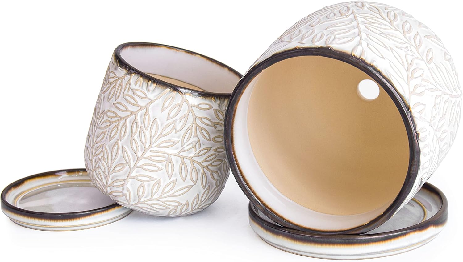 D'vine Dev Embossed Leaves Design 4 Inch & 6 Inch Stoneware Planter Pot with Drainage Hole and Saucer, Smoked White, 27-B-U-1
