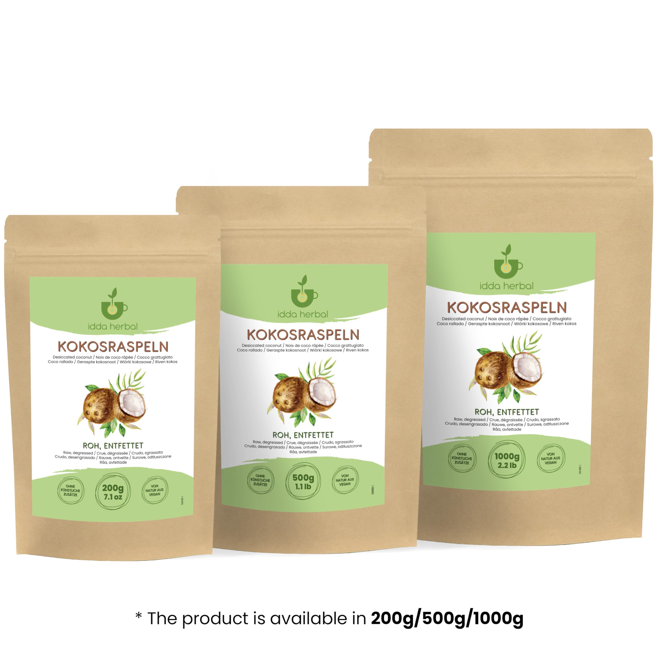 IDDA Herbal Coco Desecado 1kg, Pulpa de Coco Cruda Rallada para Hornear, Repostería y Postres