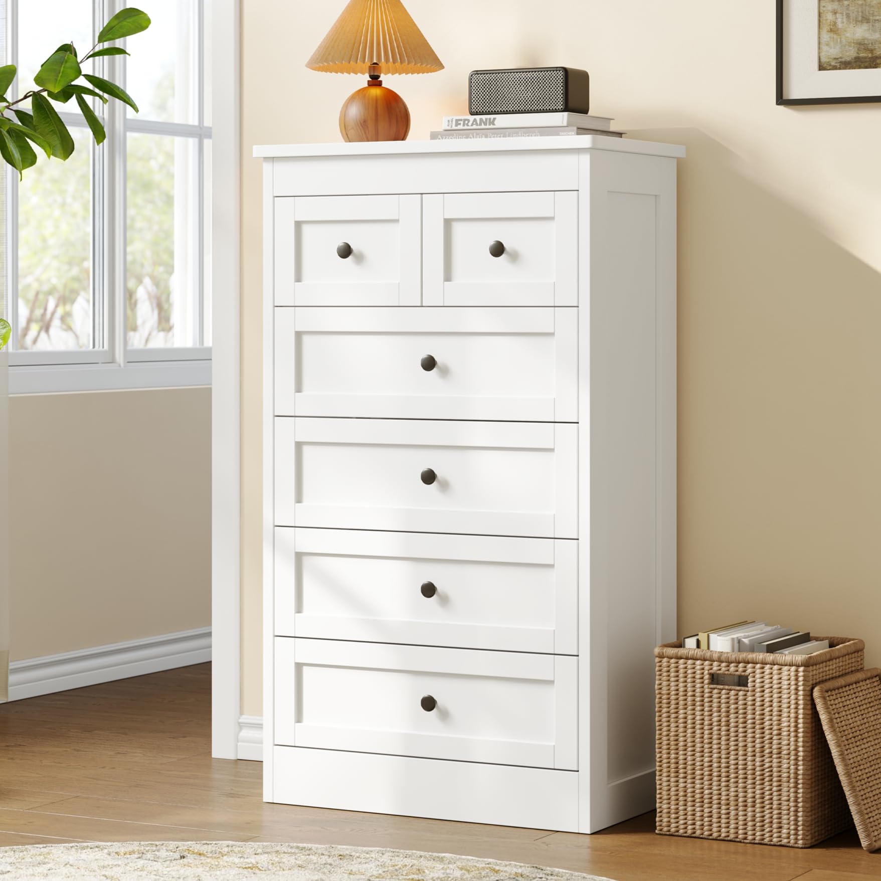 Tall 6 Drawer Dresser for Bedroom, White Modern 43.3'' Tall Wood Chest of Drawers, Storage Organizer with Smooth Metal Rails & Anti-Tip Kit for Closet, Hallway, Living Room