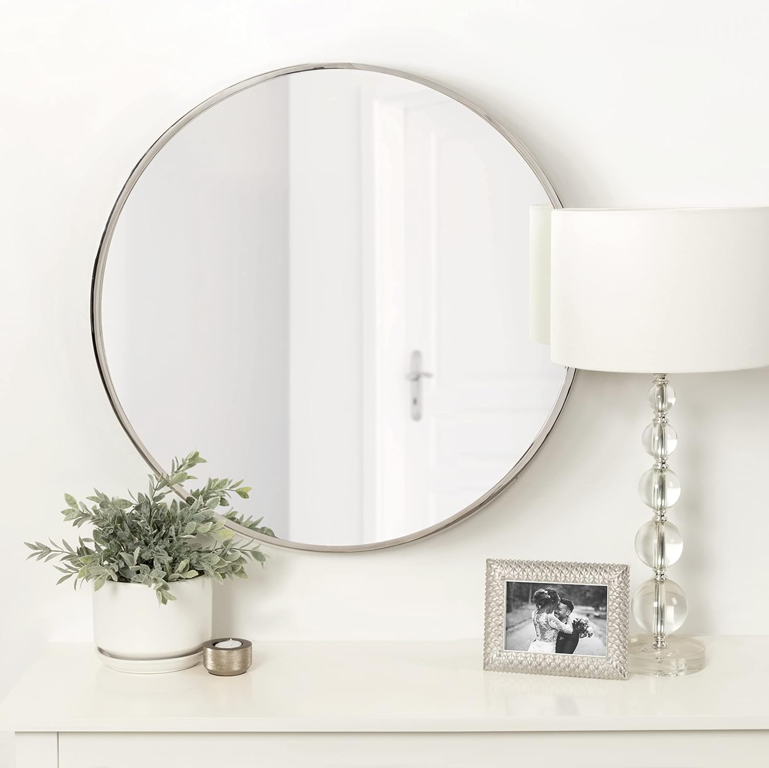Kate and Laurel Rowla Modern Round Wall Mirror; 28 Inch Diameter; Silver; Decorative Circle Mirror with Polished Stainless Steel Finish and Large Size