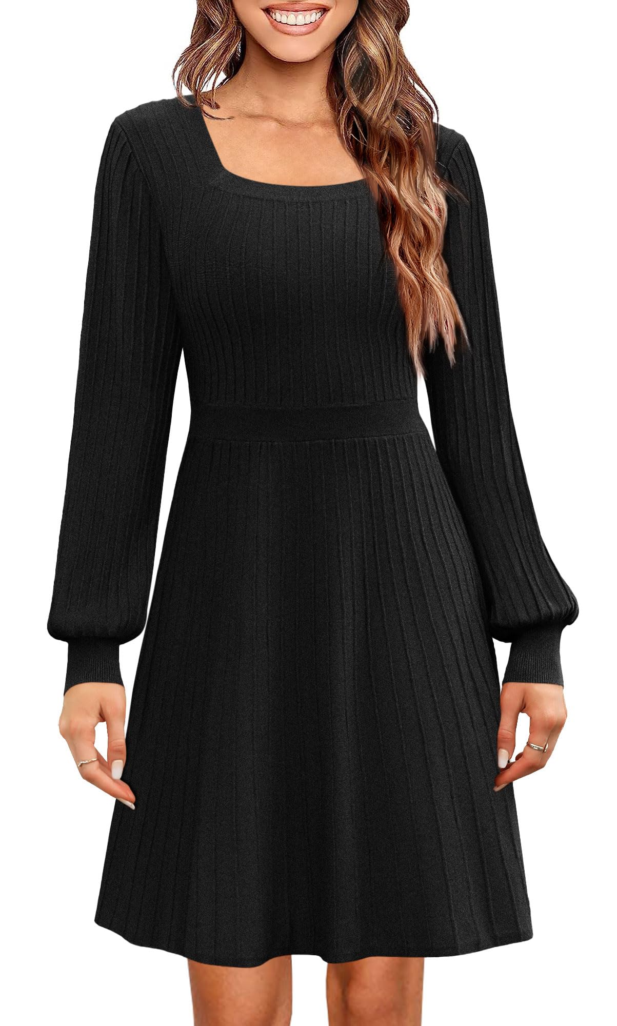 Miladusa Sweater Dress for Women Long Sleeve Square Neck Knee Length Casual Knit Dresses