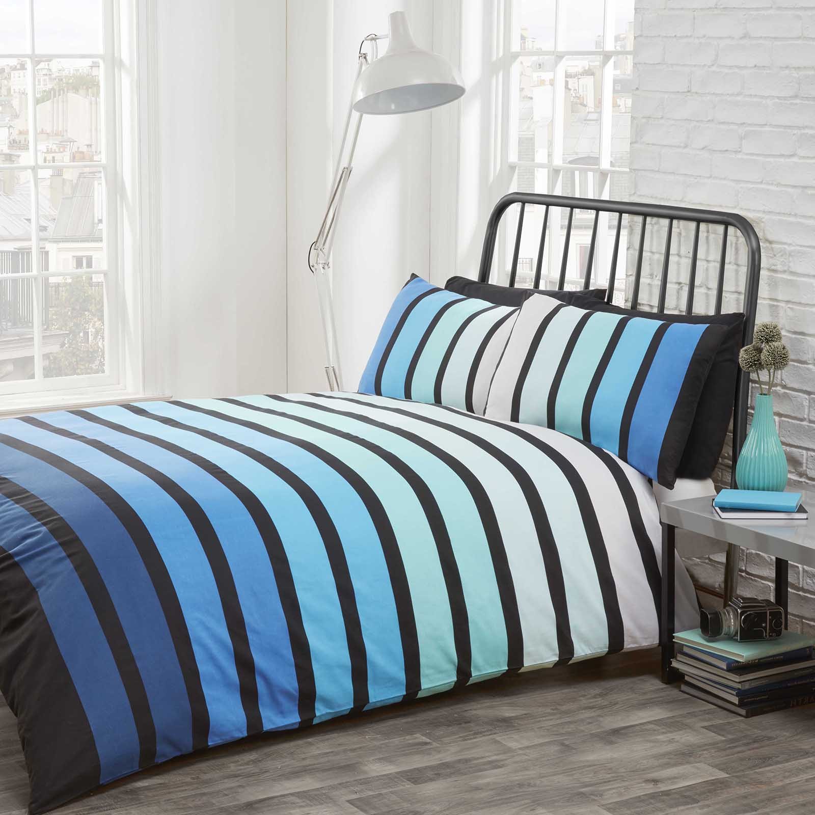 Just Contempo Retro Multi Shade Stripe Duvet Cover Set, Pacific Blue, Cotton Blend, Aqua Striped, Double