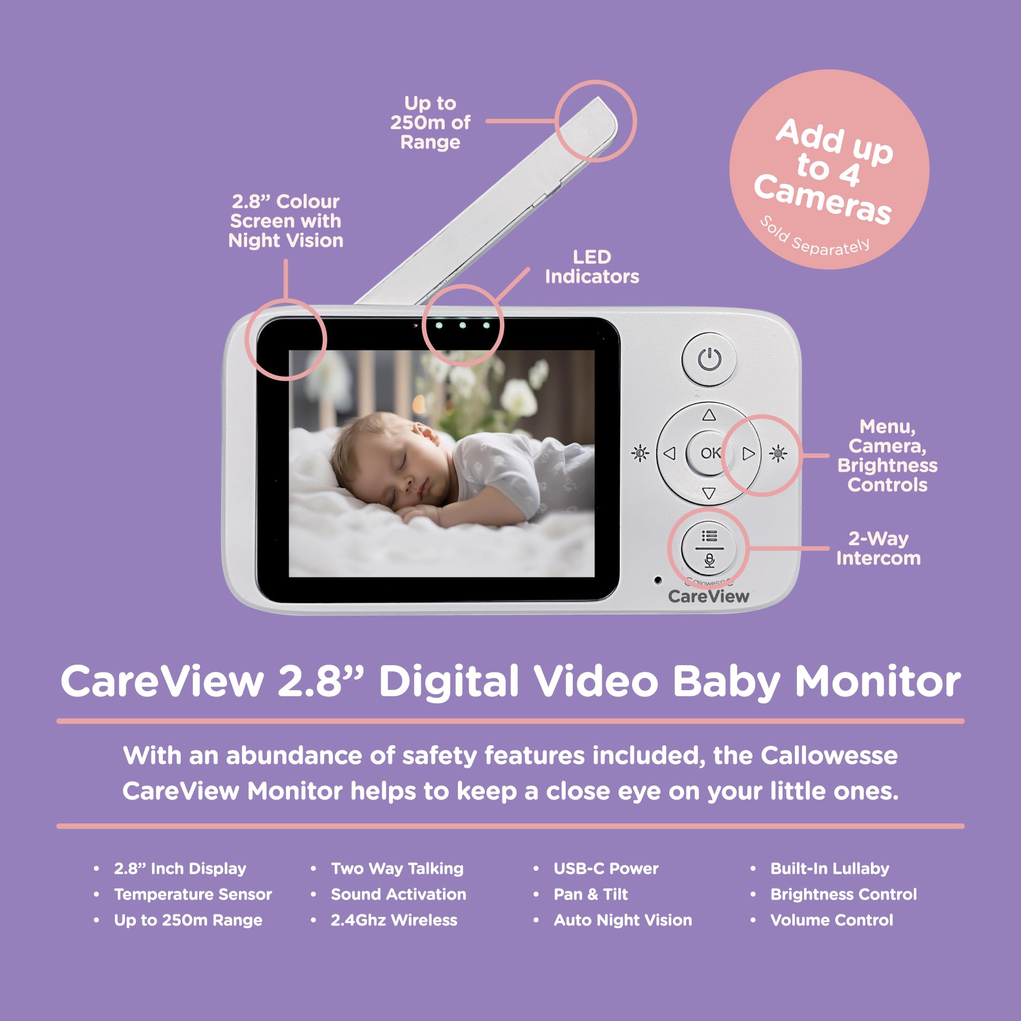 Callowesse Baby Monitor, Digital Video, 2.8″ Screen, CareView, White - Image 3