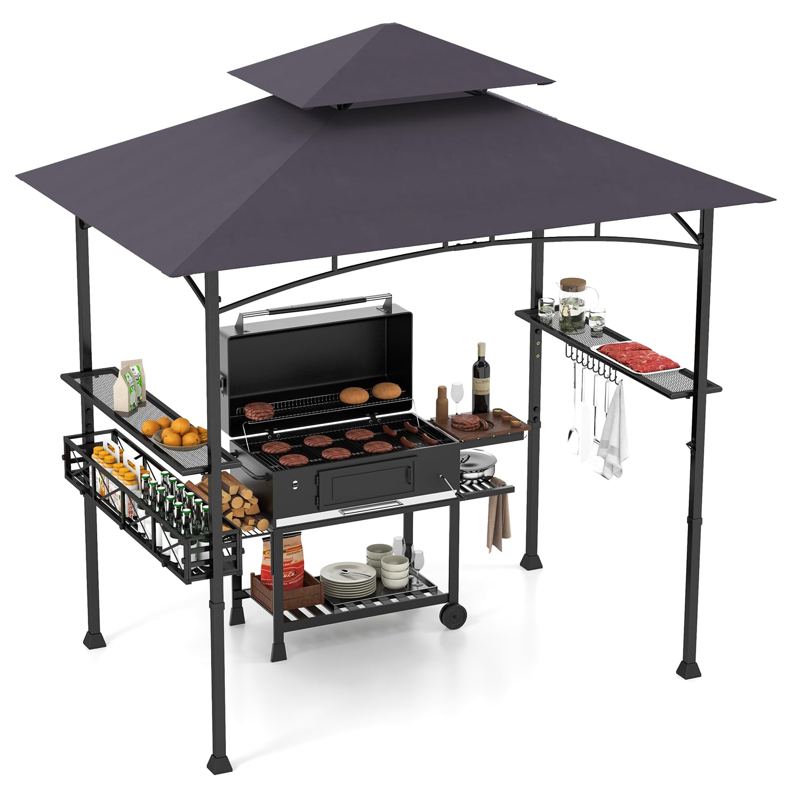 GOPLUS Cenador de Barbacoa Exterior 242x153x250cm, Carpa de Doble Techo con 2 Estantes Laterales, 20 Ganchos, Abridor de Botellas y Cesta, Pergola Barbacoa para Jardin Patio (Gris Oscuro)