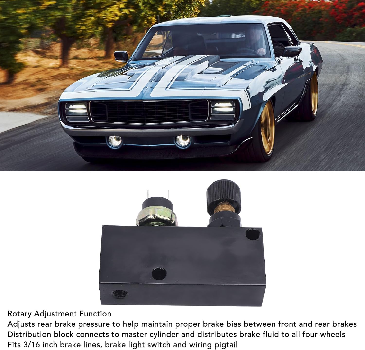 Adjustable Brake Proportioning Valve with Distribution Block 3000 PSI Black Aluminum for 3/16in Brake Line Brake Light Switch Wiring Pigtail