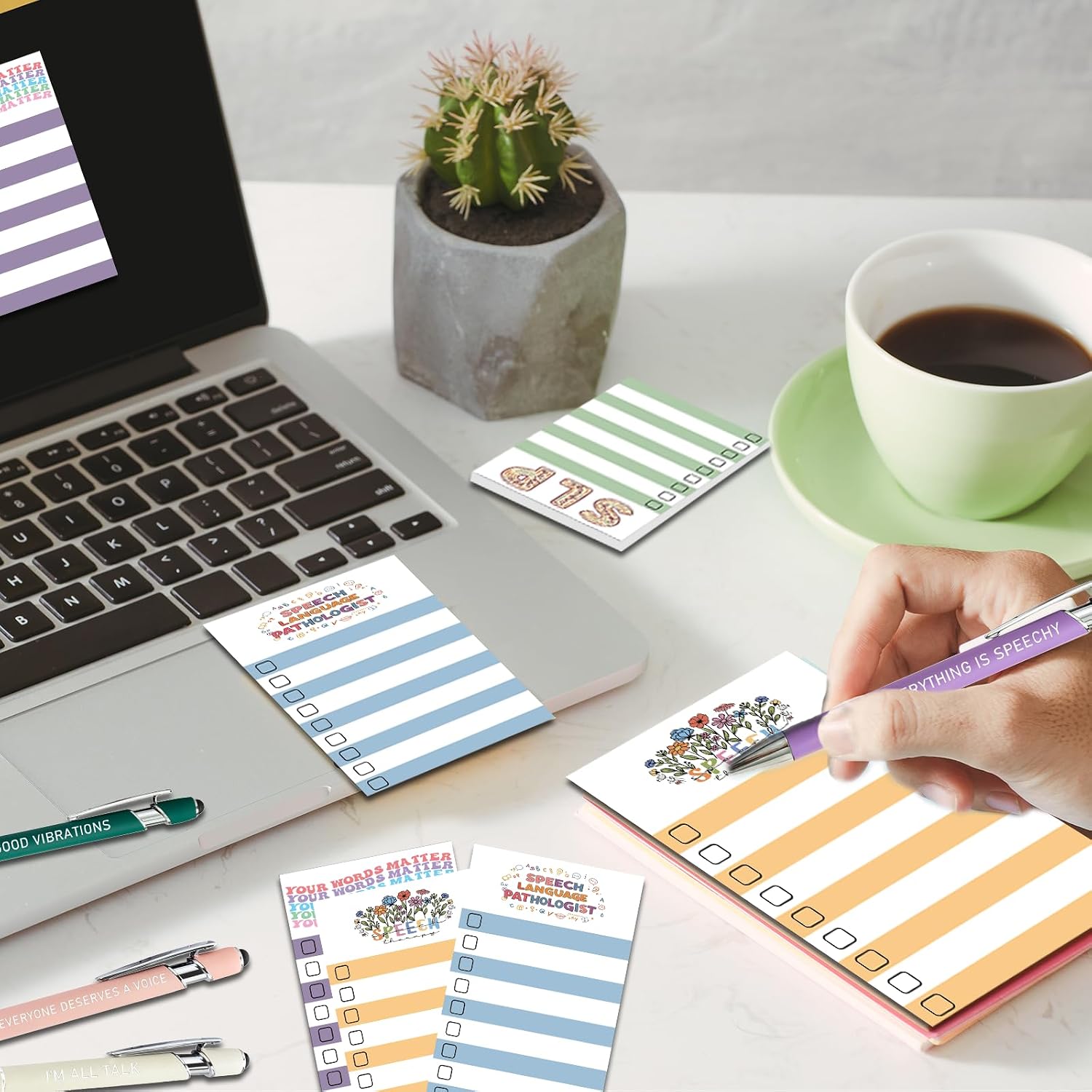 18 Pcs SLP Sticky Notes and Pen Speech Therapy Gifts Set Include 9 Motivational Sticky Notes 9 Appreciation Ballpoint Pen for Speech Language Pathologist Coworkers Office Supplies