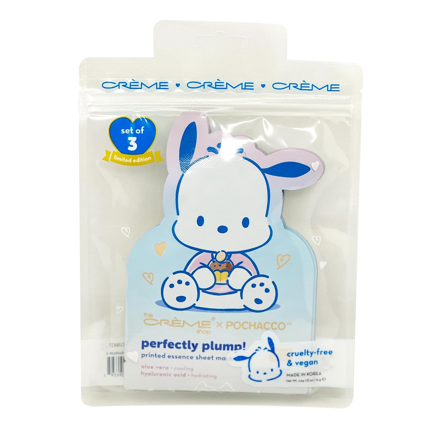 The Crème Shop x Pochacco Perfectly Plump Printed Essence Sheet Mask, Hydrating Face Mask, K Beauty Facial Mask, Hyaluronic Aqcid & Aloe Vera (3pk)